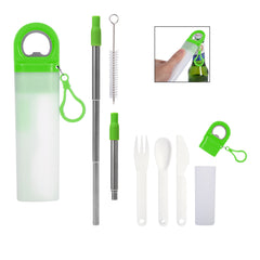 Kit de Popote de Acero Inoxidable, Cepillo de Limpieza, Cubiertos y Destapador de Botellas 4 en 1