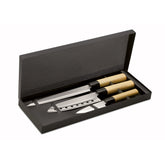 Set de 3 Cuchillos Estilo Japonés de Acero Inoxidable con PP en Caja de Papel Negro