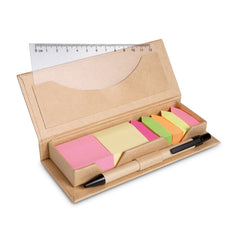 Set de Escritorio en Caja de Cartón con Notas y Banderas Adhesivas, Regla y Bolígrafo 4 en 1