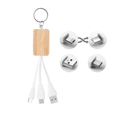 Llavero de Bambú con Cable de Carga 3 en 1