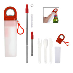 Kit de Popote de Acero Inoxidable, Cepillo de Limpieza, Cubiertos y Destapador de Botellas 4 en 1