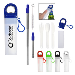 Kit de Popote de Acero Inoxidable, Cepillo de Limpieza, Cubiertos y Destapador de Botellas 4 en 1