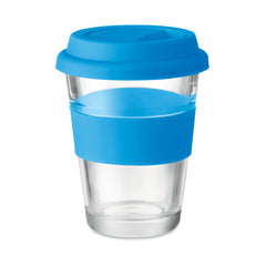Vaso Tipo Termo de Vidrio con Tapa y Empuñadura de Silicón 350 ml.
