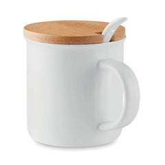 Taza con Cuchara de Porcelana con Tapa de Bambú 380 ml.