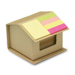 Set de Escritorio en Caja de Cartón en Forma de Casa con Hojas Recicladas, Notas y Banderas Adhesivas 3 en 1